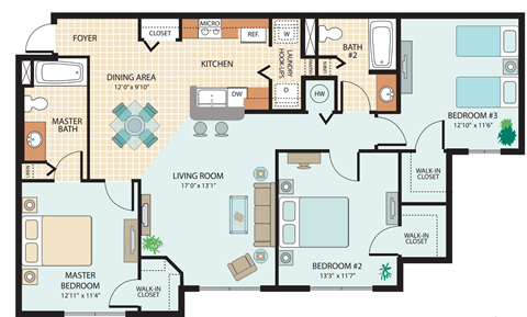 Three Bedroom Floor Plan at Timber Trace Affordable Apartments in Titusville, FL